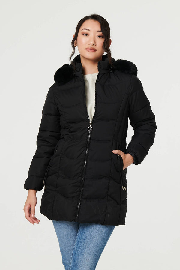 Black | Hooded Faux Fur Trim Zip Puffer Jacket