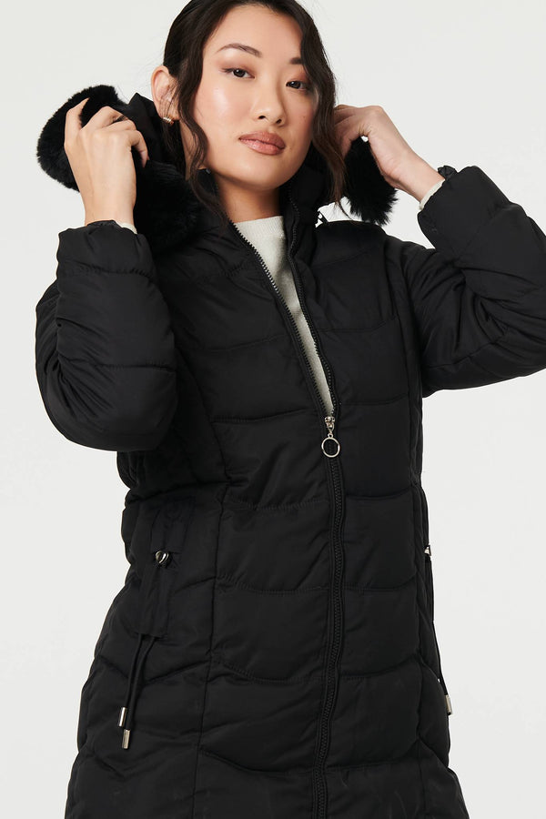 Black | Hooded Faux Fur Trim Zip Puffer Jacket