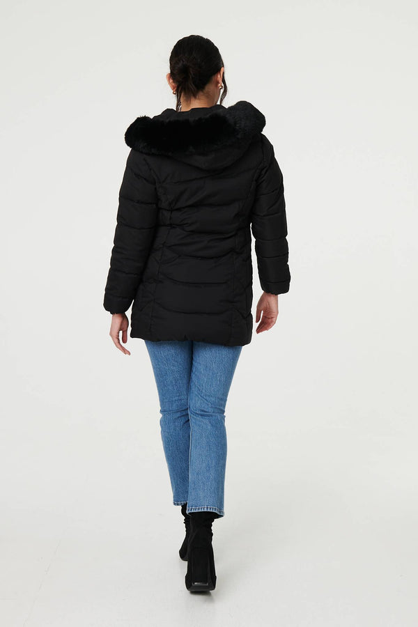 Black | Hooded Faux Fur Trim Zip Puffer Jacket