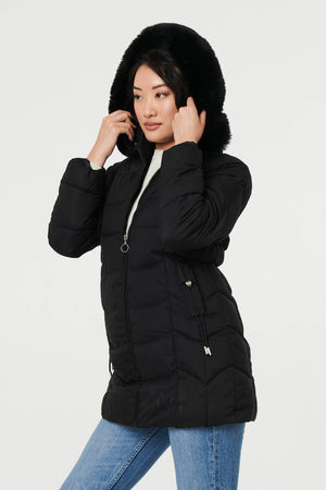 Black | Hooded Faux Fur Trim Zip Puffer Jacket