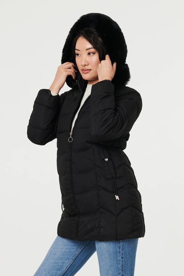 Black | Hooded Faux Fur Trim Zip Puffer Jacket