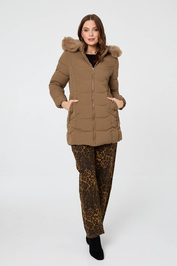 Brown | Hooded Faux Fur Trim Zip Puffer Jacket