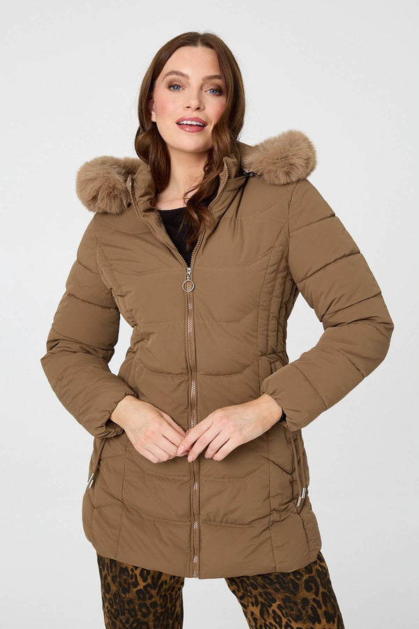 Brown | Hooded Faux Fur Trim Zip Puffer Jacket