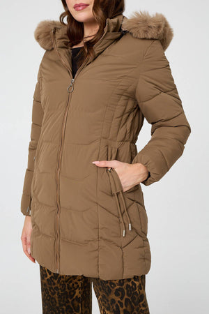 Brown | Hooded Faux Fur Trim Zip Puffer Jacket