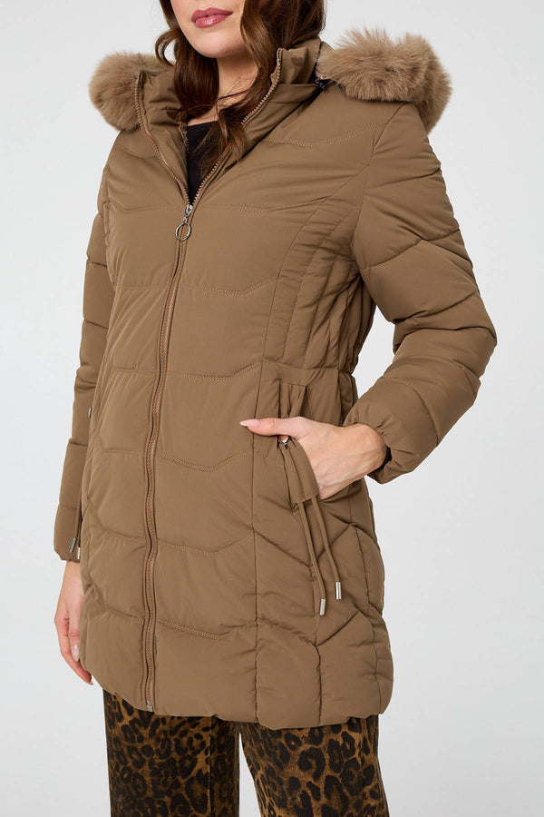 Brown | Hooded Faux Fur Trim Zip Puffer Jacket