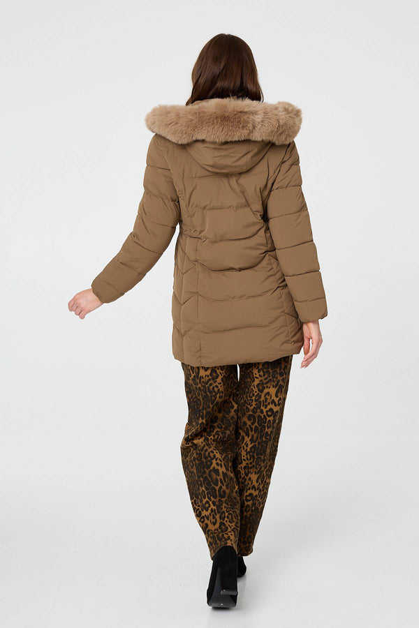 Brown | Hooded Faux Fur Trim Zip Puffer Jacket
