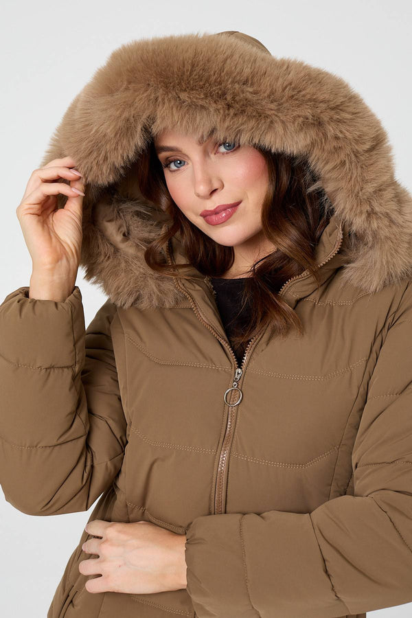 Brown | Hooded Faux Fur Trim Zip Puffer Jacket