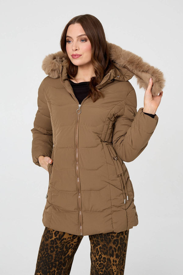 Brown | Hooded Faux Fur Trim Zip Puffer Jacket
