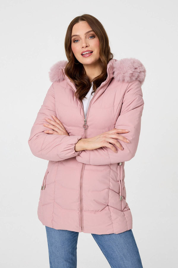 Pink | Hooded Faux Fur Trim Zip Puffer Jacket