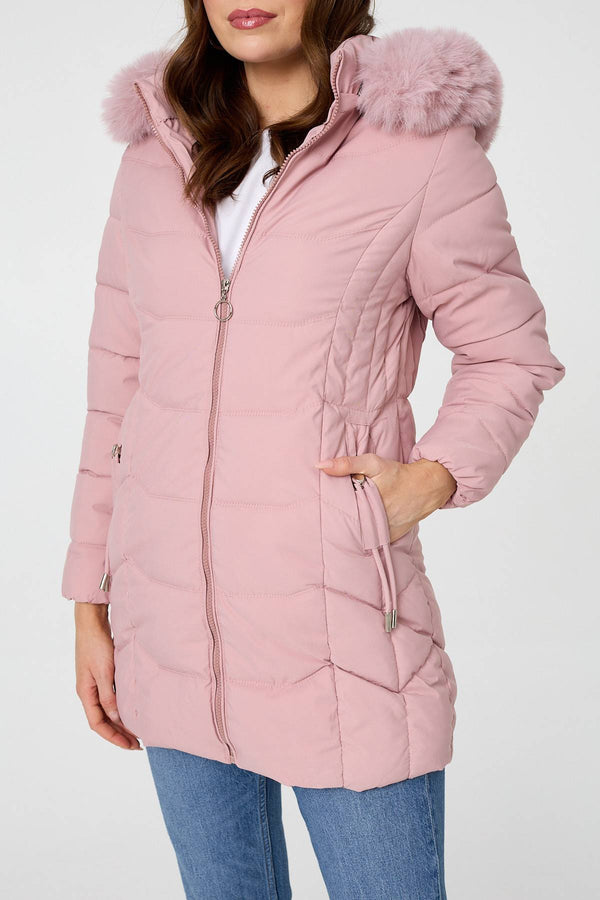 Pink | Hooded Faux Fur Trim Zip Puffer Jacket