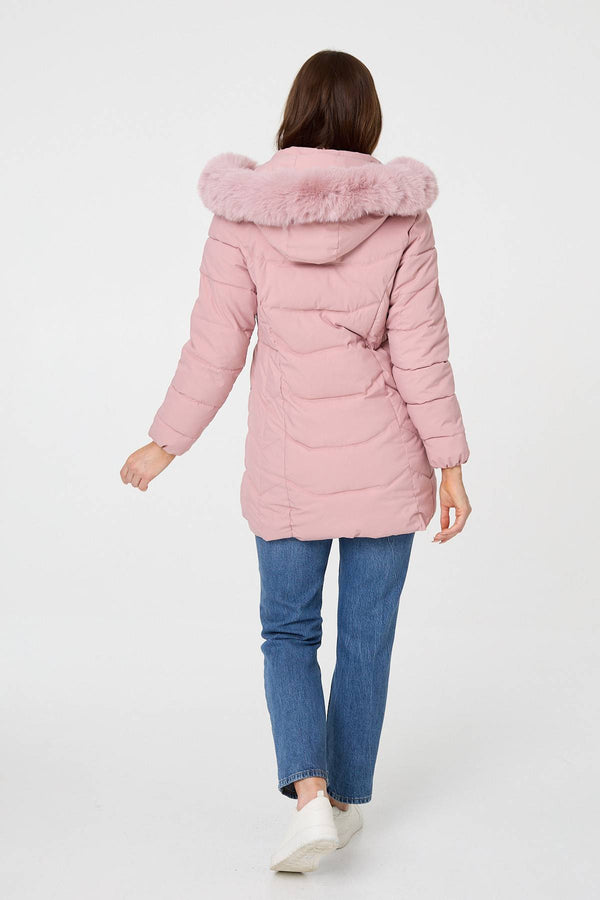 Pink | Hooded Faux Fur Trim Zip Puffer Jacket