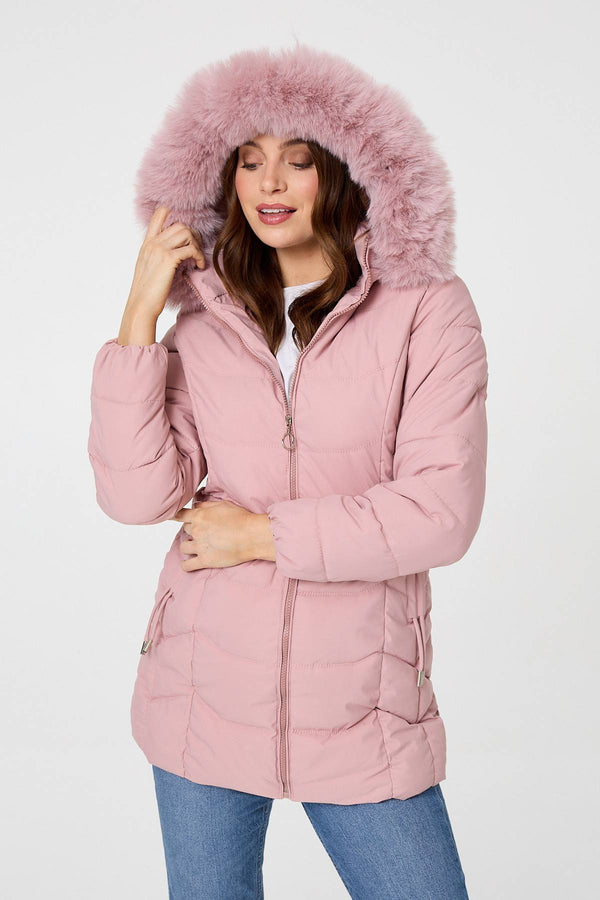 Pink | Hooded Faux Fur Trim Zip Puffer Jacket