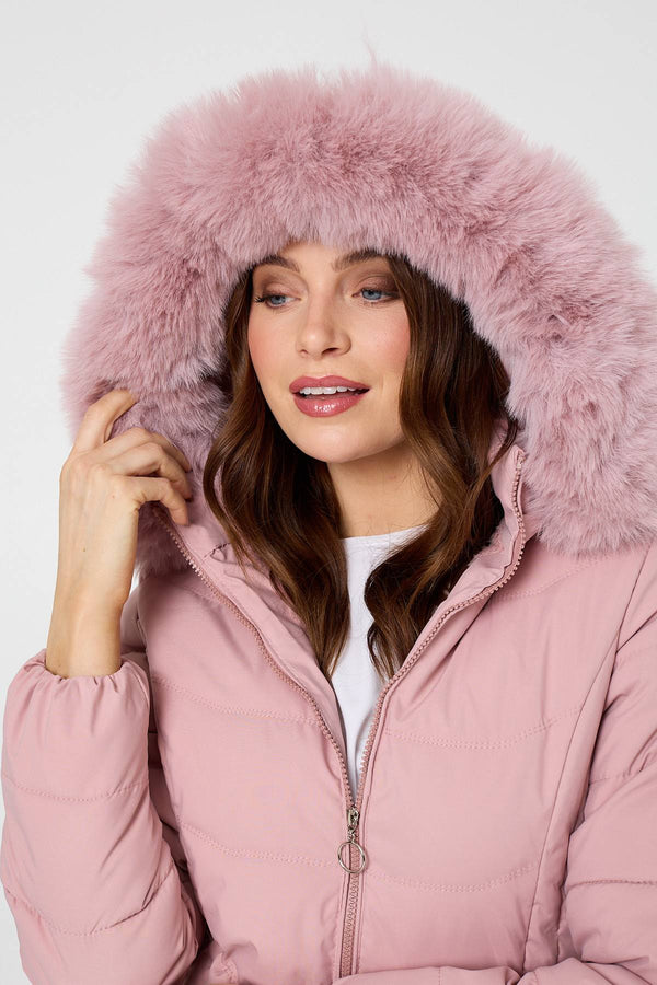 Pink | Hooded Faux Fur Trim Zip Puffer Jacket