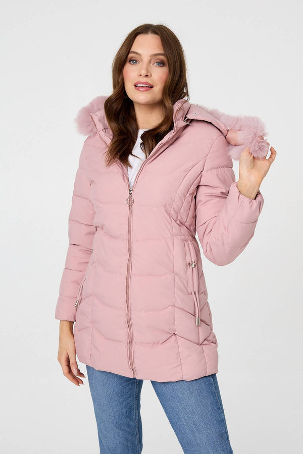 Pink | Hooded Faux Fur Trim Zip Puffer Jacket