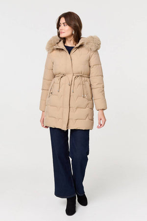 Beige | Faux Fur Hooded Tie Waist Puffer Jacket