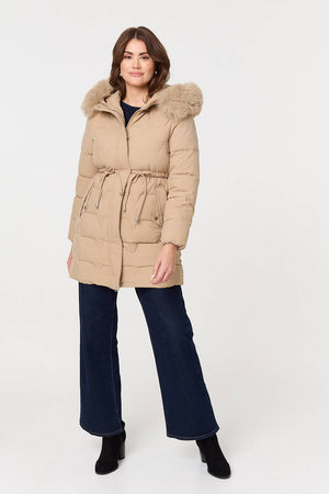 Beige | Faux Fur Hooded Tie Waist Puffer Jacket
