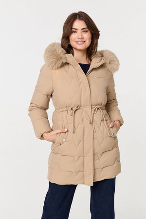 Beige | Faux Fur Hooded Tie Waist Puffer Jacket : Model is 5'9