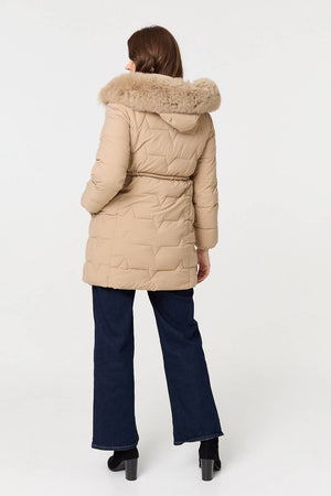 Beige | Faux Fur Hooded Tie Waist Puffer Jacket