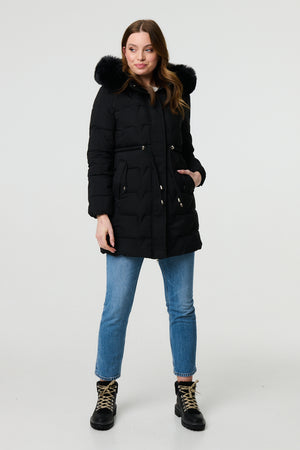 Black | Faux Fur Hooded Tie Waist Puffer Jacket
