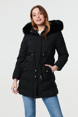 Black | Faux Fur Hooded Tie Waist Puffer Jacket : Model is 5'9