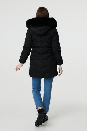 Black | Faux Fur Hooded Tie Waist Puffer Jacket
