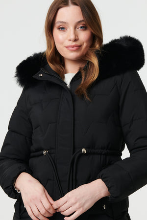Black | Faux Fur Hooded Tie Waist Puffer Jacket
