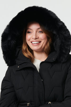 Black | Faux Fur Hooded Tie Waist Puffer Jacket
