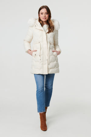 Cream | Faux Fur Hooded Tie Waist Puffer Jacket
