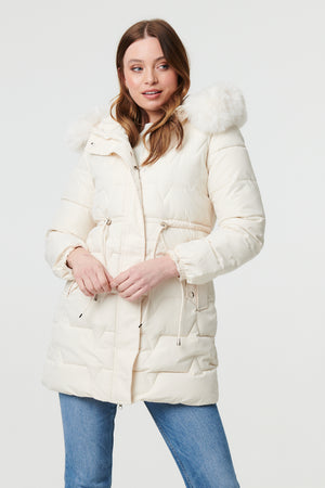 Cream | Faux Fur Hooded Tie Waist Puffer Jacket
