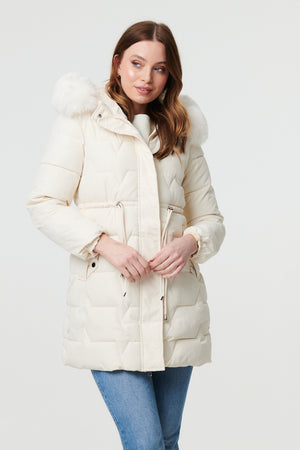 Cream | Faux Fur Hooded Tie Waist Puffer Jacket
