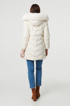 Cream | Faux Fur Hooded Tie Waist Puffer Jacket
