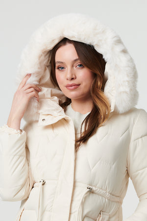 Cream | Faux Fur Hooded Tie Waist Puffer Jacket
