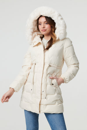Cream | Faux Fur Hooded Tie Waist Puffer Jacket : Model is 5'9