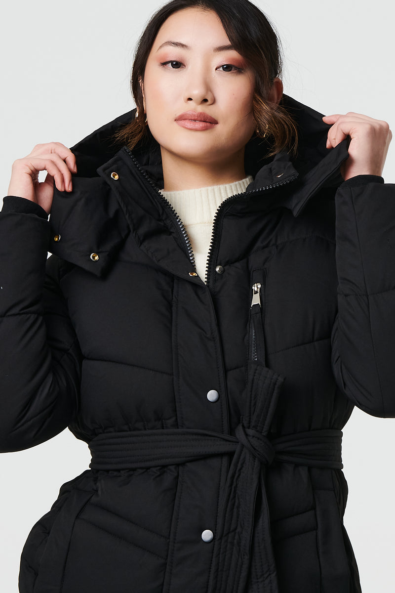 Longline Padded Tie Waist Hooded Coat Izabel London