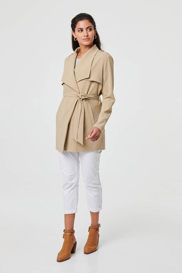 Khaki | Self Tie Thigh Length Lightweight Coat
