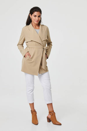 Khaki | Self Tie Thigh Length Lightweight Coat
