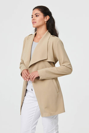 Khaki | Self Tie Thigh Length Lightweight Coat
