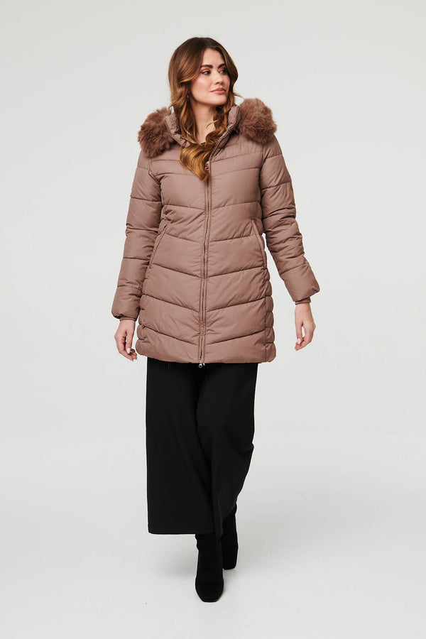 Beige | Faux Fur Hooded Longline Puffer Jacket
