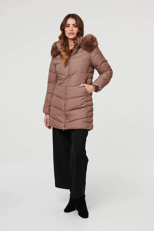 Beige | Faux Fur Hooded Longline Puffer Jacket
