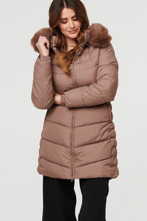 Beige | Faux Fur Hooded Longline Puffer Jacket
