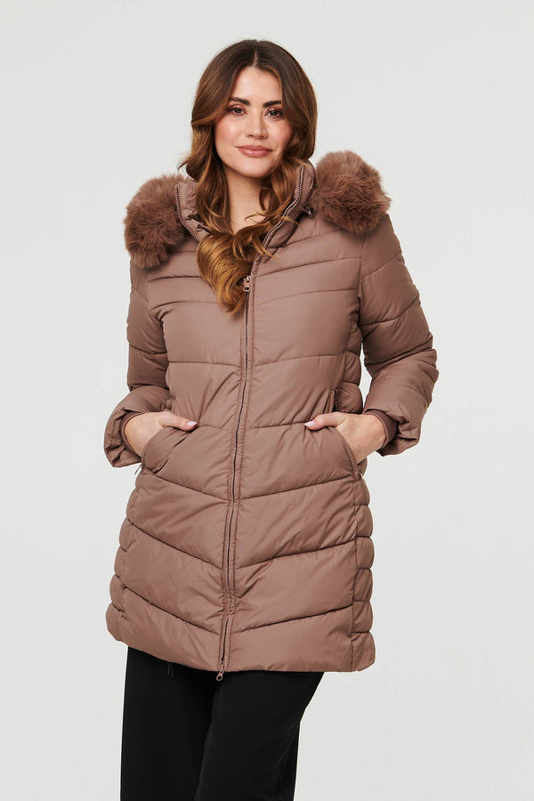 Beige | Faux Fur Hooded Longline Puffer Jacket
