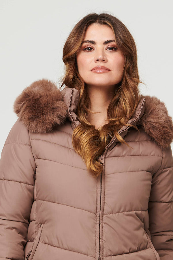 Beige | Faux Fur Hooded Longline Puffer Jacket

