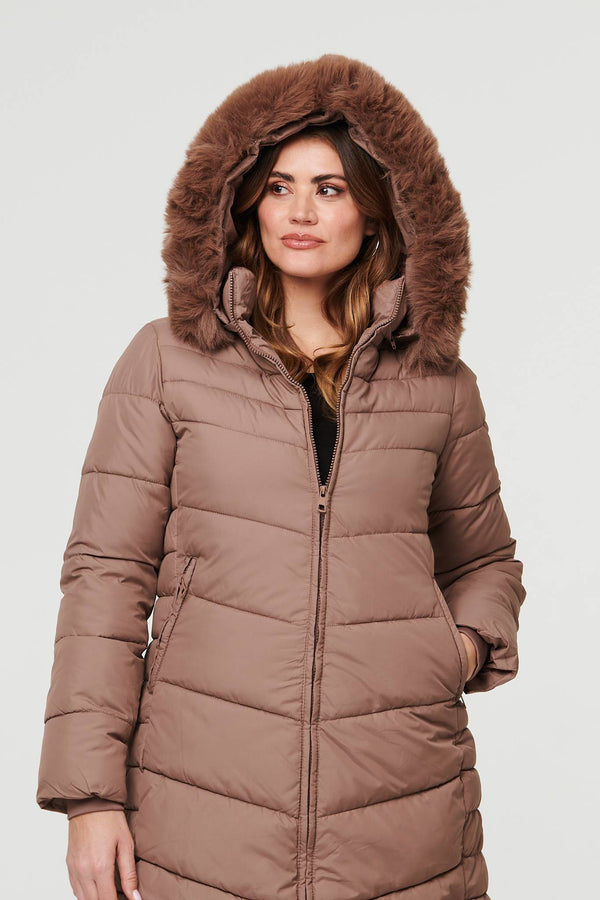 Beige | Faux Fur Hooded Longline Puffer Jacket
