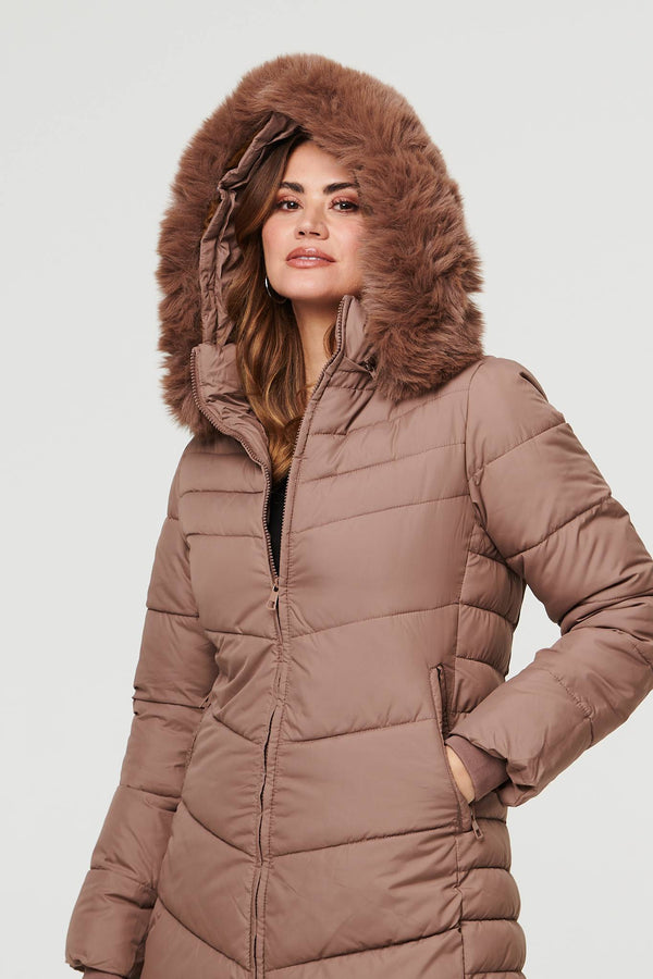 Beige | Faux Fur Hooded Longline Puffer Jacket
