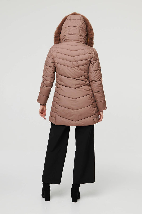 Beige | Faux Fur Hooded Longline Puffer Jacket
