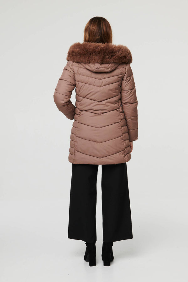 Beige | Faux Fur Hooded Longline Puffer Jacket
