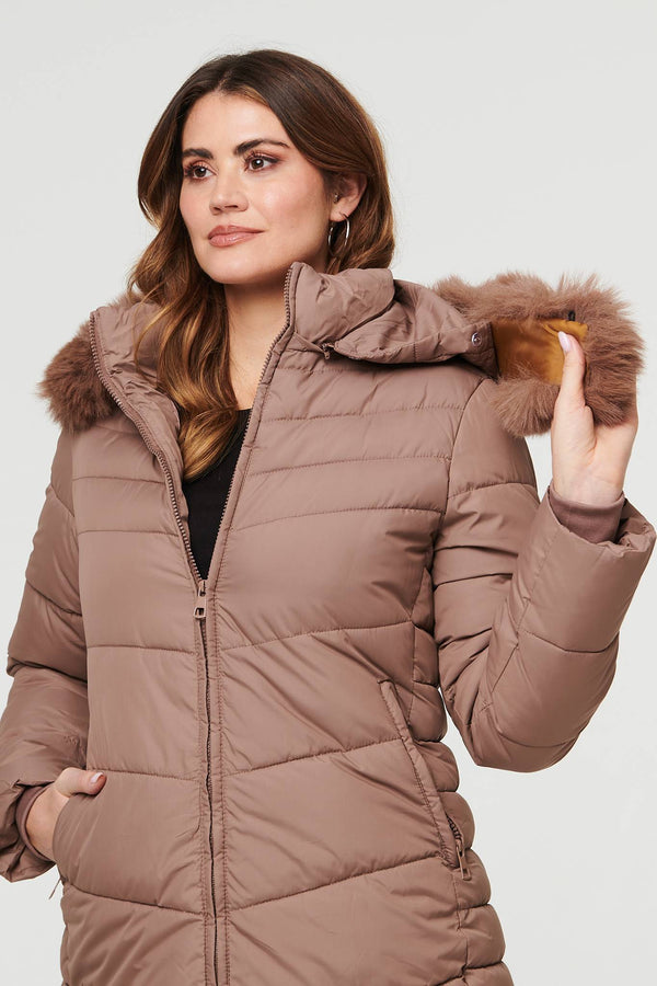 Beige | Faux Fur Hooded Longline Puffer Jacket
