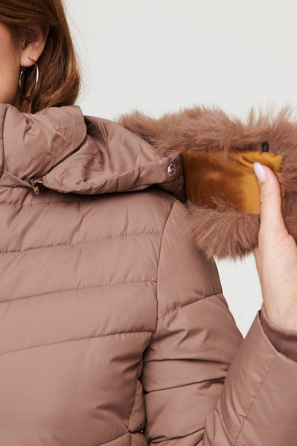 Beige | Faux Fur Hooded Longline Puffer Jacket
