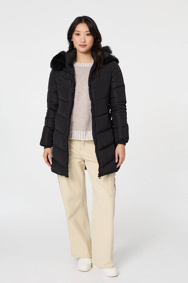 Black | Faux Fur Hooded Longline Puffer Jacket
