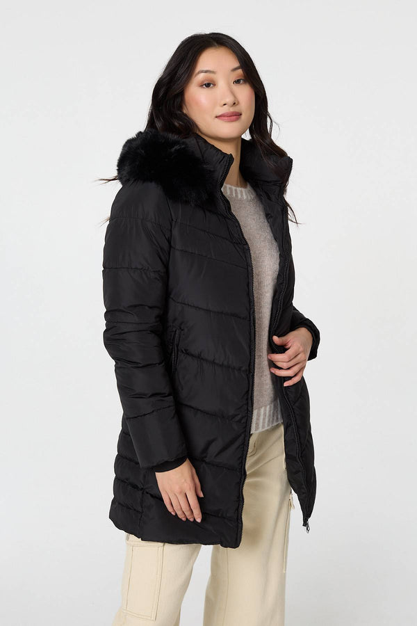 Black | Faux Fur Hooded Longline Puffer Jacket
